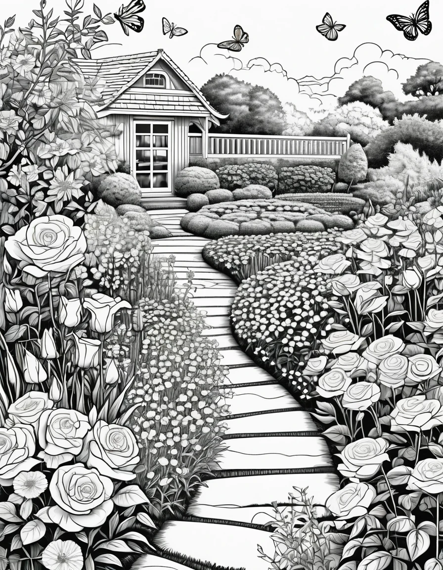 Generate a series of intricate black and white line drawings depicting serene garden landscapes and expansive flower fields. Include diverse elements such as blooming roses, winding paths, butterflies fluttering above, and a variety of wildflowers in a natural setting. Ensure the drawings are detailed and suitable for coloring, capturing the essence of a peaceful and vibrant garden scene.