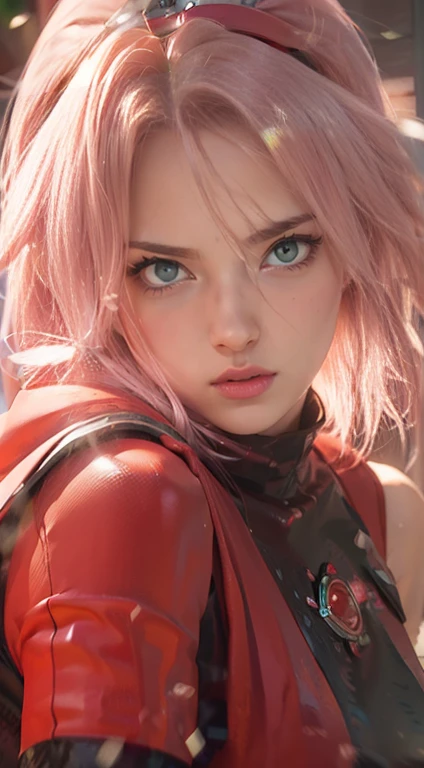 young woman, short shoulder-length pink hair, wide forehead, porcelain skin, pink eyebrows, big emerald green eyes, buttoned nose, full lips, heart-shaped face, slender body, small breasts, red tank top, Sakura Haruno , realistic, realism, details, 3d, well detailed
