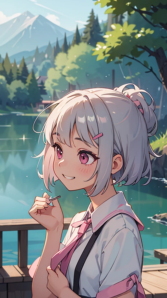 （Highest quality，masterpiece，Surreal）, (Professional photography:1.2), 1 Girl, Silver short hair and bob hair、Tie your hair up with a hair clip、Pink Eyes、Grin、profile、Upper body close-up、Cafe next to the lake