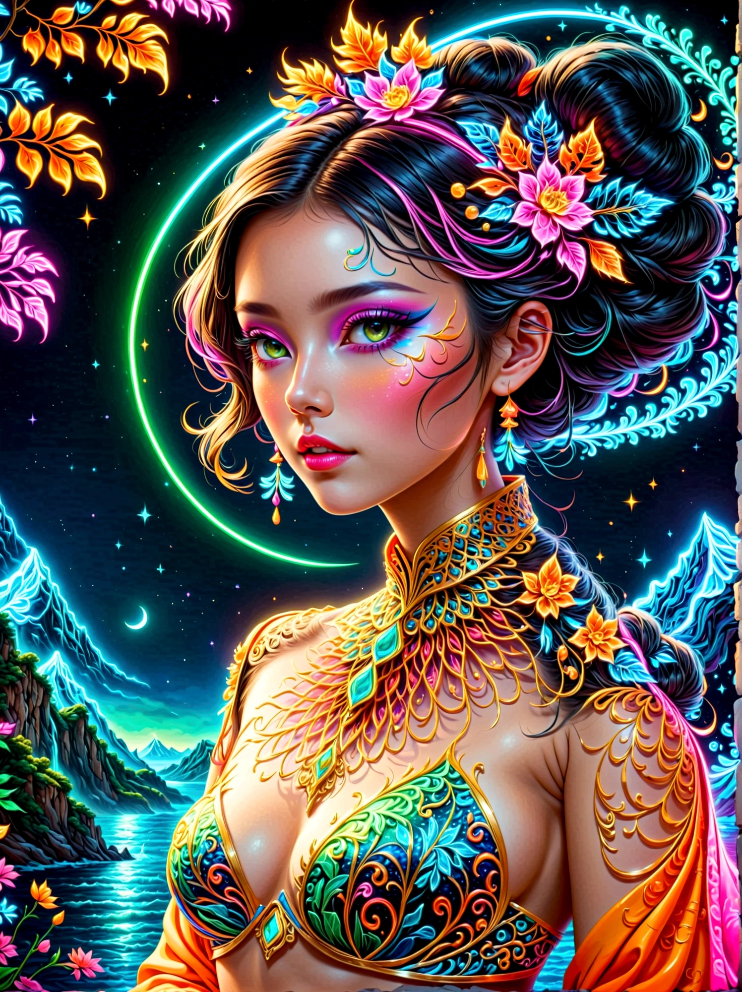 (masterpiece, Top quality, Best quality, Official Art, Beauty and aesthetics), (1girl:1.3), Extremely detailed, (Fractal Art:1.2), colorful, Highest detail, (禅绕画Neon:1.2), (Dynamic poses), (抽象的背景Neon:1.5), (Traditional clothing:1.2), (Shiny neon skin), (multiple colour:1.4), Neon, 8k, Full HD, transparent, Body painting