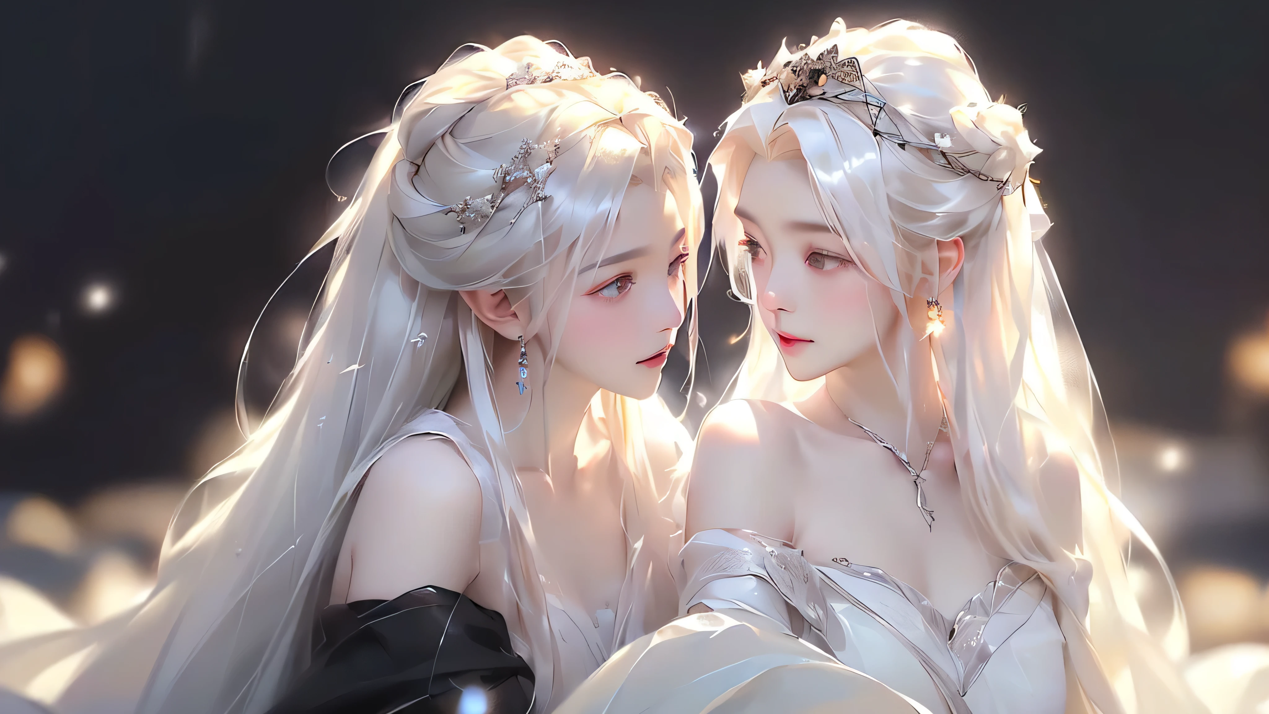 (((From this knee up)), Night view, Stella, (((masterpiece:1.5, detailed:1.4)),, One girl is sitting, Watch from above、Backlight, A fantastic atmosphere envelopes this ancient city as this sun sets。At this center of this magical moment is a woman、(White-haired girl:1.5)and、Her beautiful hair、(Backlight)A shimmering white waterfall flows down from below.。Exudes mysterious charm、Suspended particles bloom in this surrounding air、Her beauty、(Beautiful white and shining skin:1.3)Exudes a mysterious glow。this((A dress as black as this night sky))It is beautiful and decorated、The off-shoulder design makes the overall look more feminine.