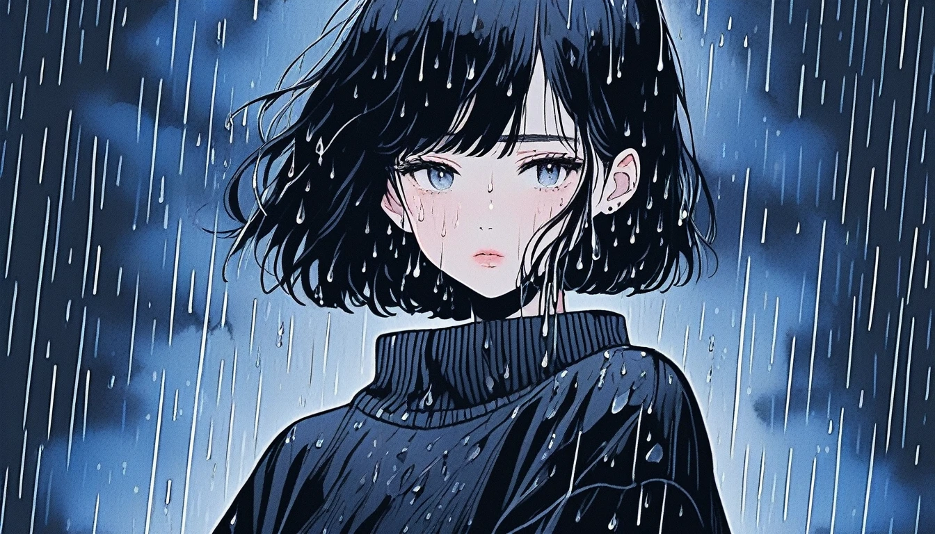 Illustrator, anime , Realistic ,sketch , Abstract rain on background、whole body、1 girl, ,lip, sweater,order, Black gradient background, black髪,Short Bob、blackｔshirt、Textured Trim, Canadian, (masterpiece,Highest quality) Cancer