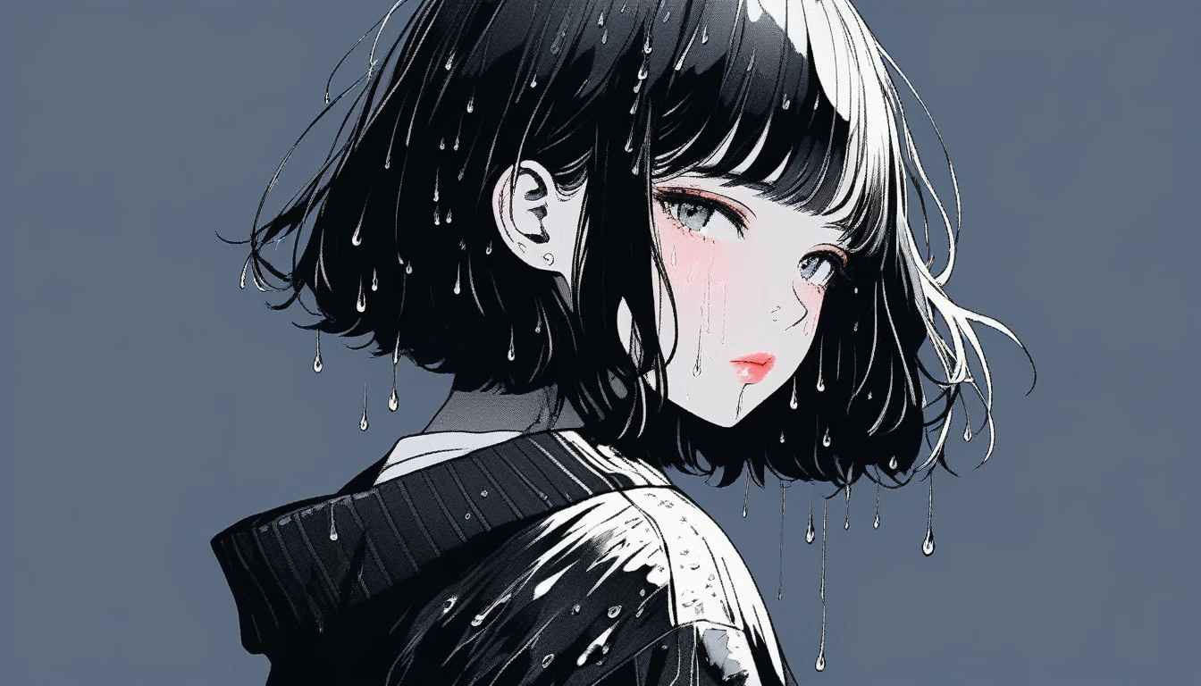 Illustrator, anime , Realistic ,sketch , Abstract rain on background、whole body、1 girl, ,lip, sweater,order, Black gradient background, black髪,Short Bob、blacktshirt、Textured Trim, Canadian, (masterpiece,Highest quality) Cancer
