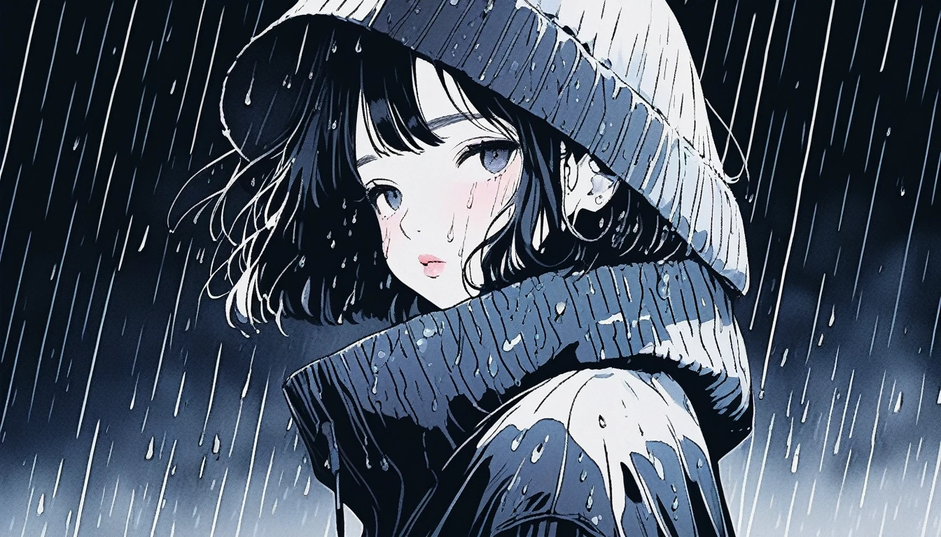 Illustrator, anime , Realistic ,sketch , Abstract rain on background、whole body、1 girl, ,lip, sweater,order, Black gradient background, black髪,Short Bob、blacktshirt、Textured Trim, Canadian, (masterpiece,Highest quality) Cancer