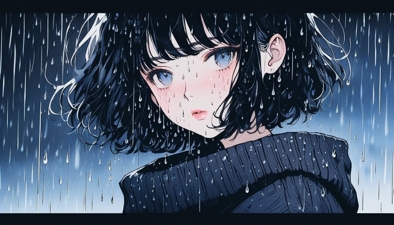 Illustrator, anime , Realistic ,sketch , Abstract rain on background、whole body、1 girl, ,lip, sweater,order, Black gradient background, black髪,Short Bob、blacktshirt、Textured Trim, Canadian, (masterpiece,Highest quality) Cancer