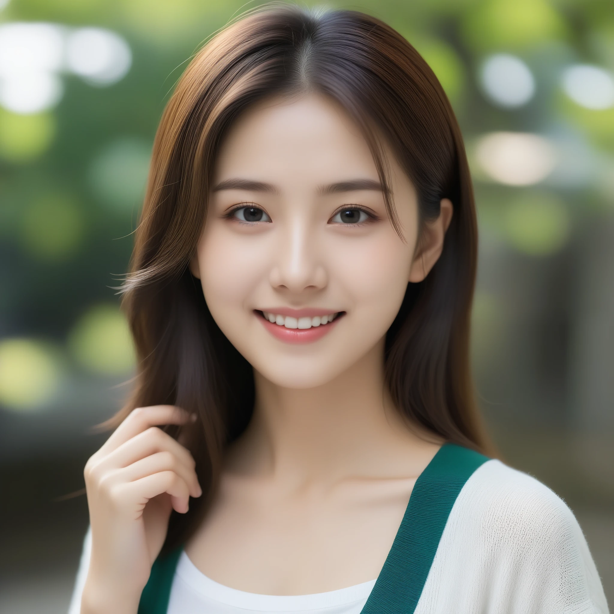 8k, Ultra-high resolution, Highest quality, masterpiece, 三分割法によるphotograph,Surreal, photograph, 1 girl, (16 years old:1.3), pretty girl, Cute face, Beautiful eyes in every detail, 細かくdetailedに,masterpiece,, One Girl:1.2, Japan Female Announcer,Young Wife,Urban area,street tree,green,White shirt,cardigan,Summer knitwear,Full of cleanliness,A carefree smile,Healing the heart,Looking at the audience、beauty,Long neck、Laugh a little、Please close your mouth and laugh、(((Ideal body type))),A-cup small breasts :2,、Portraiture:2、Perfect Anatomy、鮮明なdetailed、detailed、Surreal、Light and shadow,Strong light