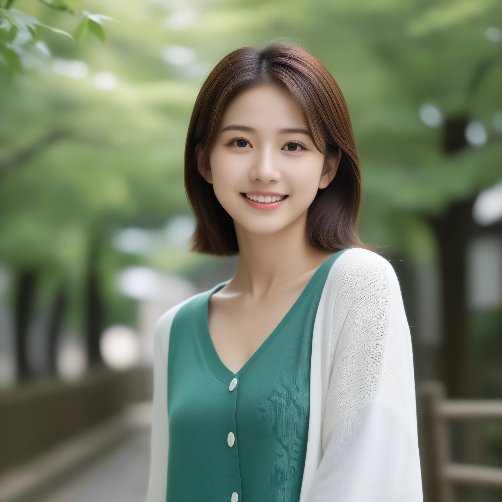 8k, Ultra-high resolution, Highest quality, masterpiece, 三分割法によるphotograph,Surreal, photograph, 1 girl, (16 years old:1.3), pretty girl, Cute face, Beautiful eyes in every detail, 細かくdetailedに,masterpiece,, One Girl:1.2, Japan Female Announcer,Young Wife,Urban area,street tree,green,White shirt,cardigan,Summer knitwear,Full of cleanliness,A carefree smile,Healing the heart,Looking at the audience、beauty,Long neck、Laugh a little、Please close your mouth and laugh、(((Ideal body type))),A-cup small breasts :2,、Portraiture:2、Perfect Anatomy、鮮明なdetailed、detailed、Surreal、Light and shadow,Strong light 