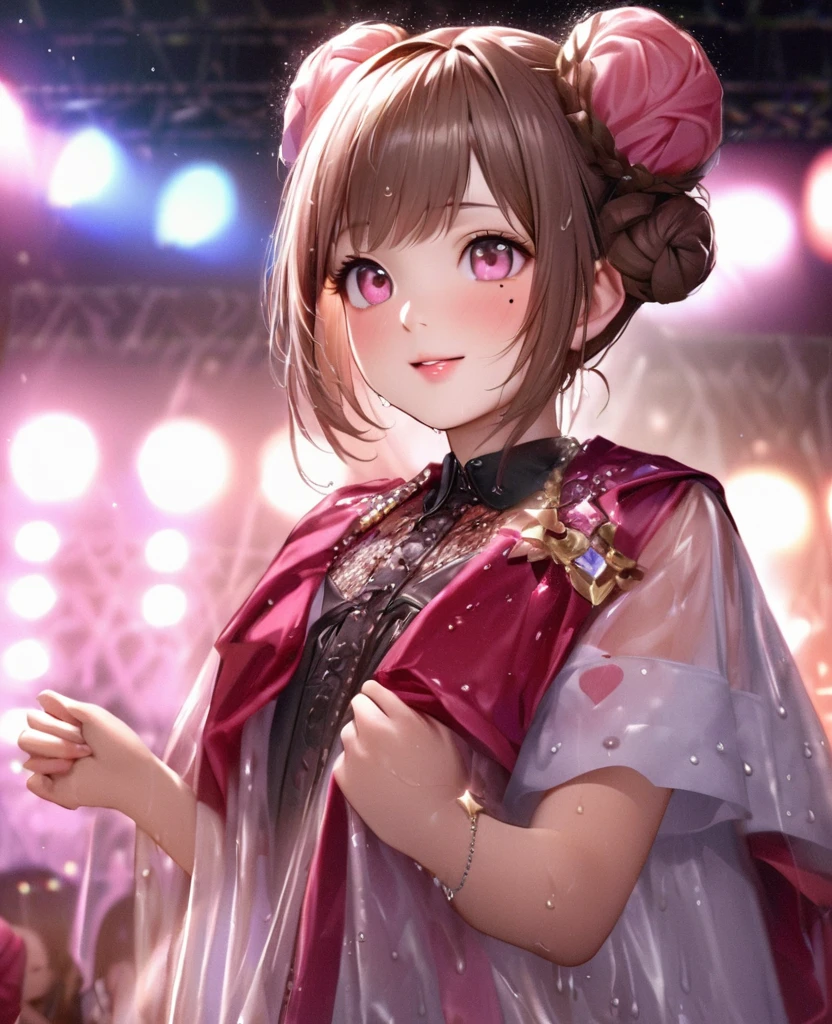 One Girl、Looking at the audience、lovely,
Beautiful pink eyes、Two brown double hair buns , Mole under the eye、Plump and glossy lips、Heart-shaped choca、Idol、Her name is May,smile、ー、。.。.。.。.。.。.。.。.。.。.。.。.。.。.。.。.。.。.3D、Realistic、
The idol's costume was soaked in the heavy rain, and her chest was wet and transparent.Heavy rain at outdoor concert, Drape clothes、gem、The decoration has been removed、Floral、Lace trim,On a glittering stage、
masterpiece、highest quality、8k、Detailed skin texture、Detailed cloth texture、Beautifully detailed face、Intricate details、Very detailed、
超A high resolution、8k Ultra HD、Film Grain、Best Shadow、delicate、Gazing at the audience、front
