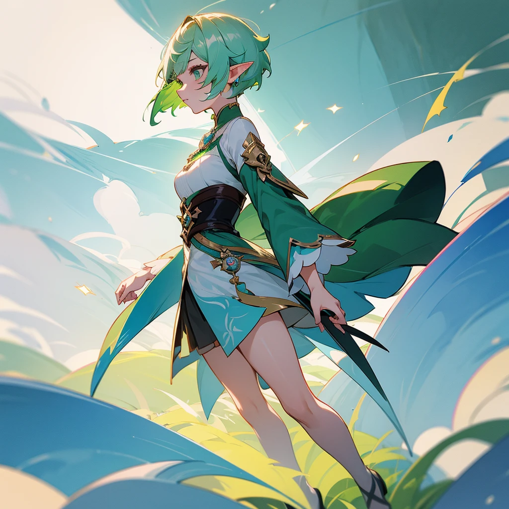 Pretty, beautiful, elf girl, elf, green hair, short hair, pretty hair, beautiful body, genshin impact design, fashion, fashion design, genshin impact, video game, full body, pretty face, starry clothes.