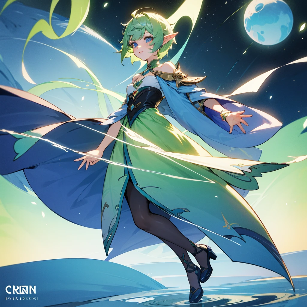 Pretty, beautiful, elf girl, elf, green hair, short hair, pretty hair, beautiful body, genshin impact design, fashion, fashion design, genshin impact, video game, full body, pretty face, starry clothes.