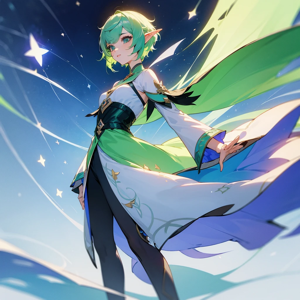 Pretty, beautiful, elf girl, elf, green hair, short hair, pretty hair, beautiful body, genshin impact design, fashion, fashion design, genshin impact, video game, full body, pretty face, starry clothes.