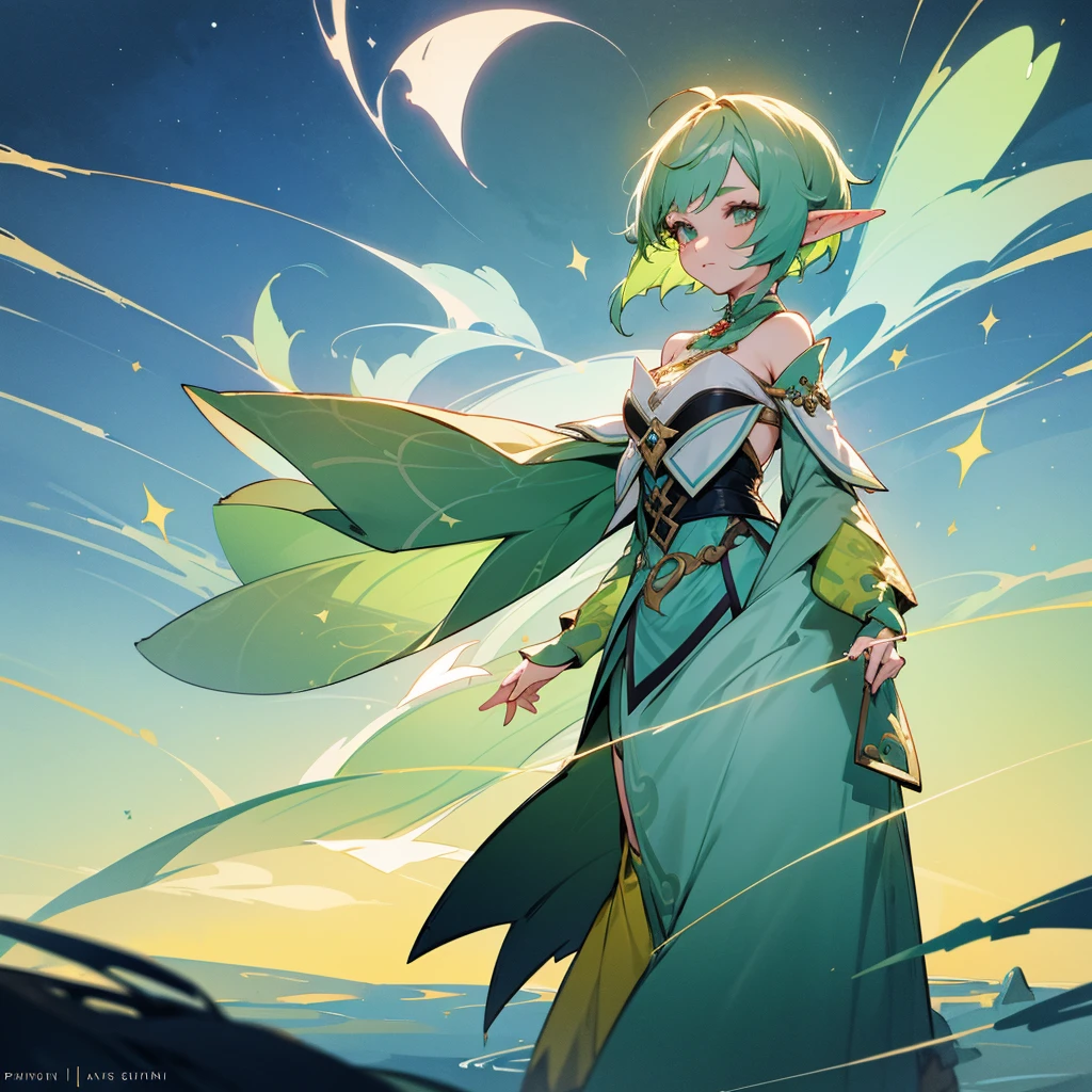 Pretty, beautiful, elf girl, elf, green hair, short hair, pretty hair, beautiful body, genshin impact design, fashion, fashion design, genshin impact, video game, full body, pretty face, starry clothes.