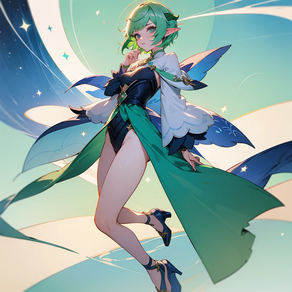Pretty, beautiful, elf girl, elf, green hair, short hair, pretty hair, beautiful body, genshin impact design, fashion, fashion design, genshin impact, video game, full body, pretty face, starry clothes.