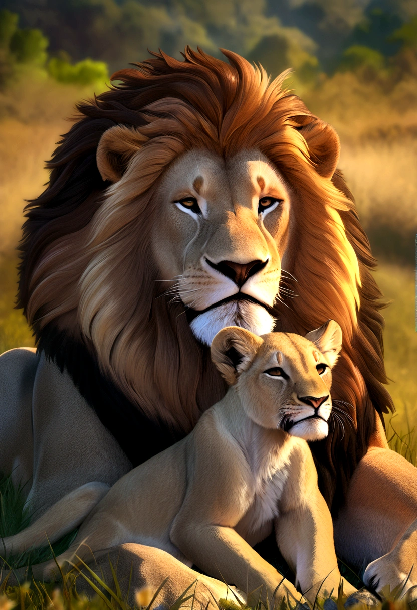 ((Masterpiece, top quality, high resolution)), ((highly detailed CG unified 8K wallpaper)), Animal Photography, there is a lion and a lion cub playing together in the grass, proud looking, lions, king of the jungle, celebrating, fatherly, amazing beauty, with the mane of a lion, father with , lion, animal photography, regal pose, face looking, majestic pose, powerful, beautiful man,