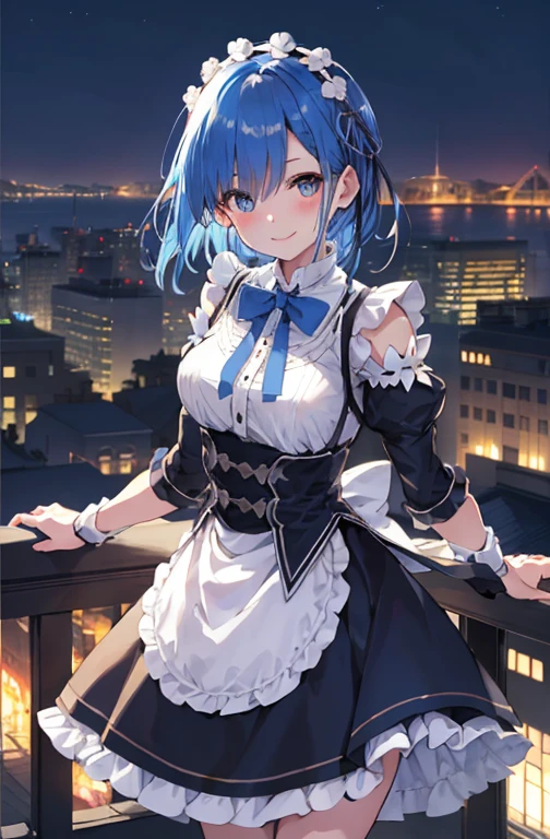 Blue Hair, Againm \(Again:zero\), [smile], blush, city,, masterpiece, Highest quality, Perfect lighting, One girl, skirt, medium bAgainasts,