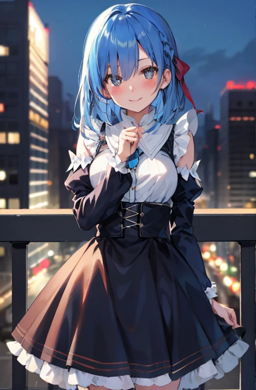 Blue Hair, Againm \(Again:zero\), [smile], blush, city,, masterpiece, Highest quality, Perfect lighting, One girl, skirt, medium bAgainasts,