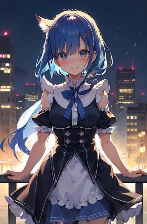 Blue Hair, Againm \(Again:zero\), [smile], blush, city,, masterpiece, Highest quality, Perfect lighting, One girl, skirt, medium bAgainasts,