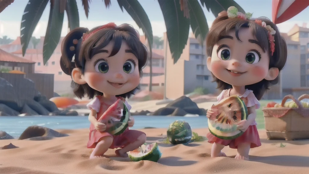 masterpiece, best quality, Very clear,Very high quality,4K quality,A cute little girl, eat watermelon,beach,Bright hues,Bright environment,Fresh