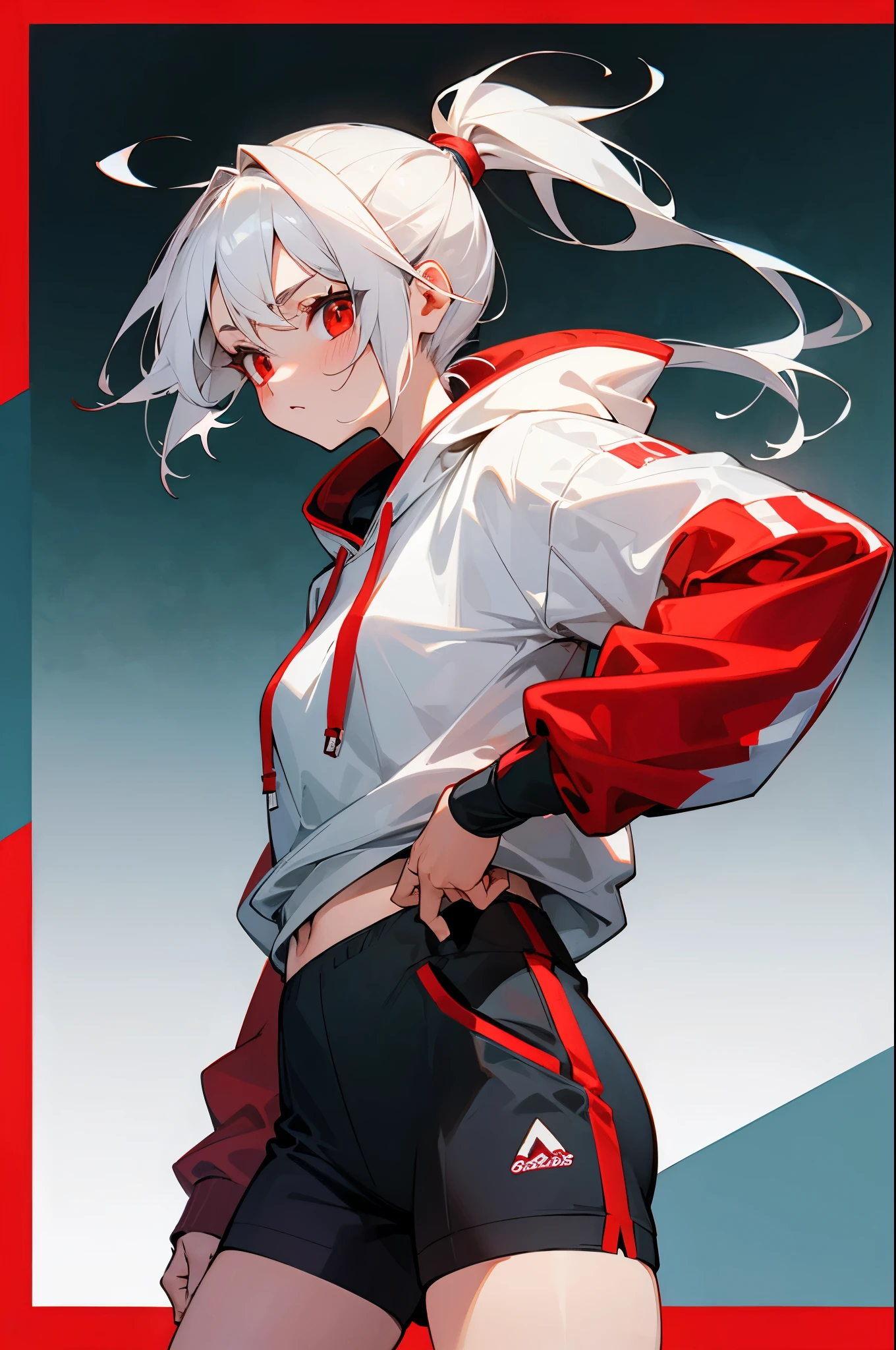 Messy white single ponytail hair,Woman with red eyes,Wear a sweatshirt on top and sports shorts underneath,Put your left hand in your waist,the right hand held a book,It's cute to look at