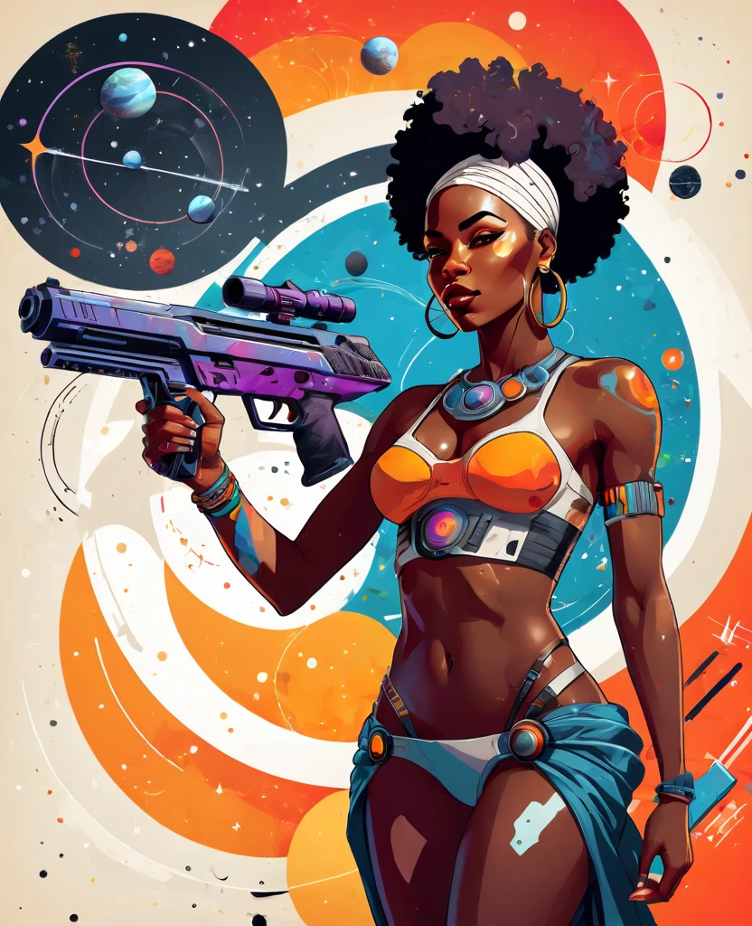 Vector Art, Colorful illustration with African woman holding a futuristic gun, with spaceships, horoscopes and solar system in the background, afrofuturism art, sci-fi art, Vibrant colors,Graffiti Art,ink splatter,Wild and unrestrained,rich and colorful,visual impact, Modern aesthetic super detailed,