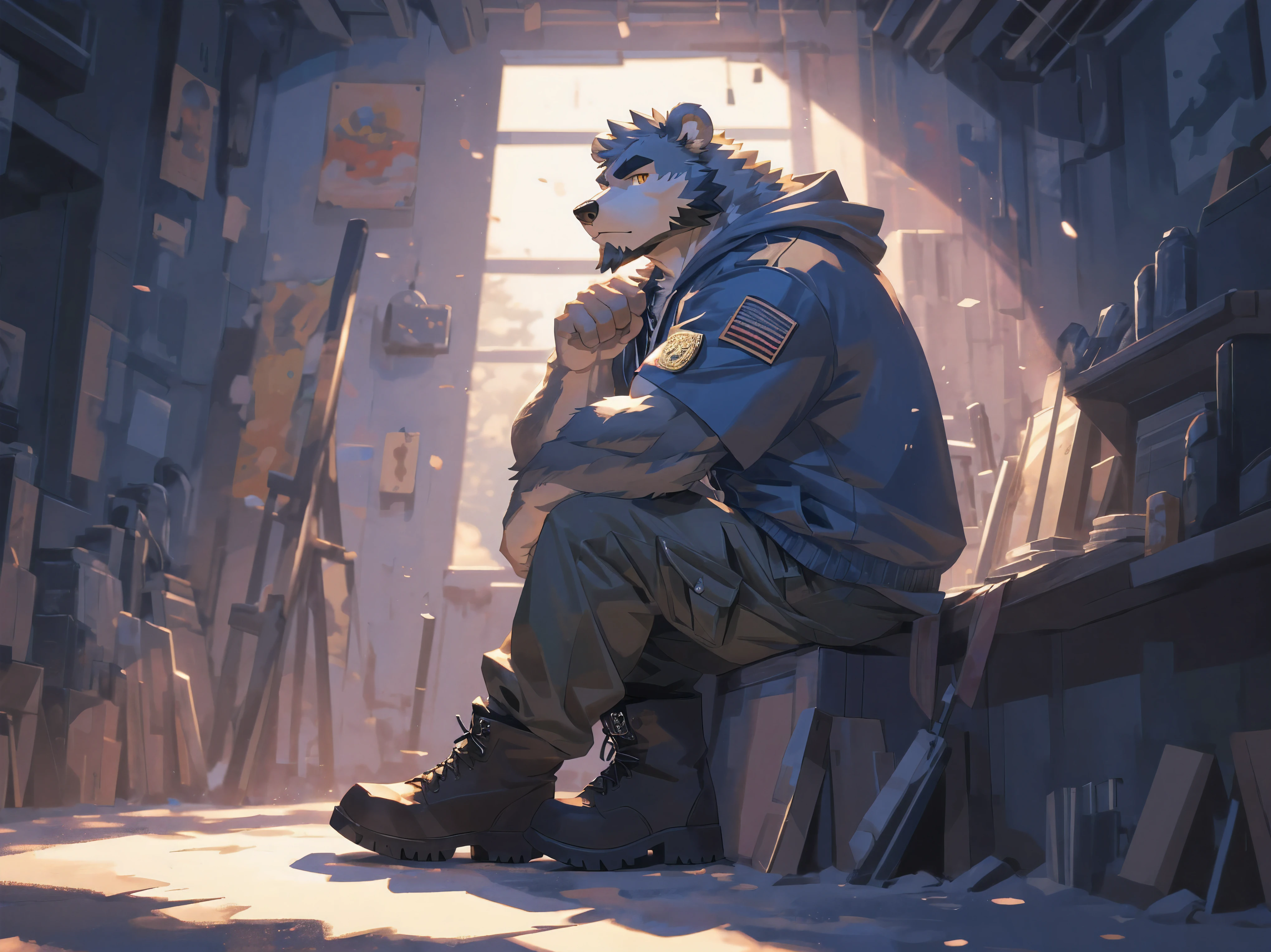 (masterpiece:1.2), best quality,pixiv,official art,perfect anatomy, (Ray tracing, light),solo, (1_male:1.3) , (muscle), (gray fur:1.4), (muscle bear), (beard:1.2), (gleaming golden eyes), Thick black eyebrows, open hoodie, (naked inside:1.2), cargo pants, (boots:1.2), portrait, sitting alone