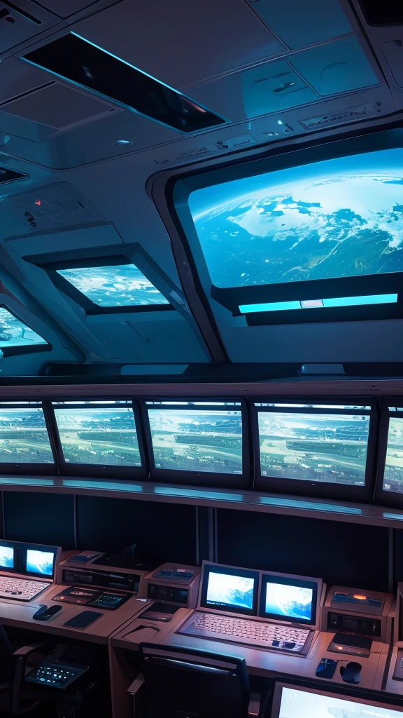 Spaceship exterior. From the window you can see the alien landscape, Work consoles with electronic devices and screens are lined throughout the space., Full HD