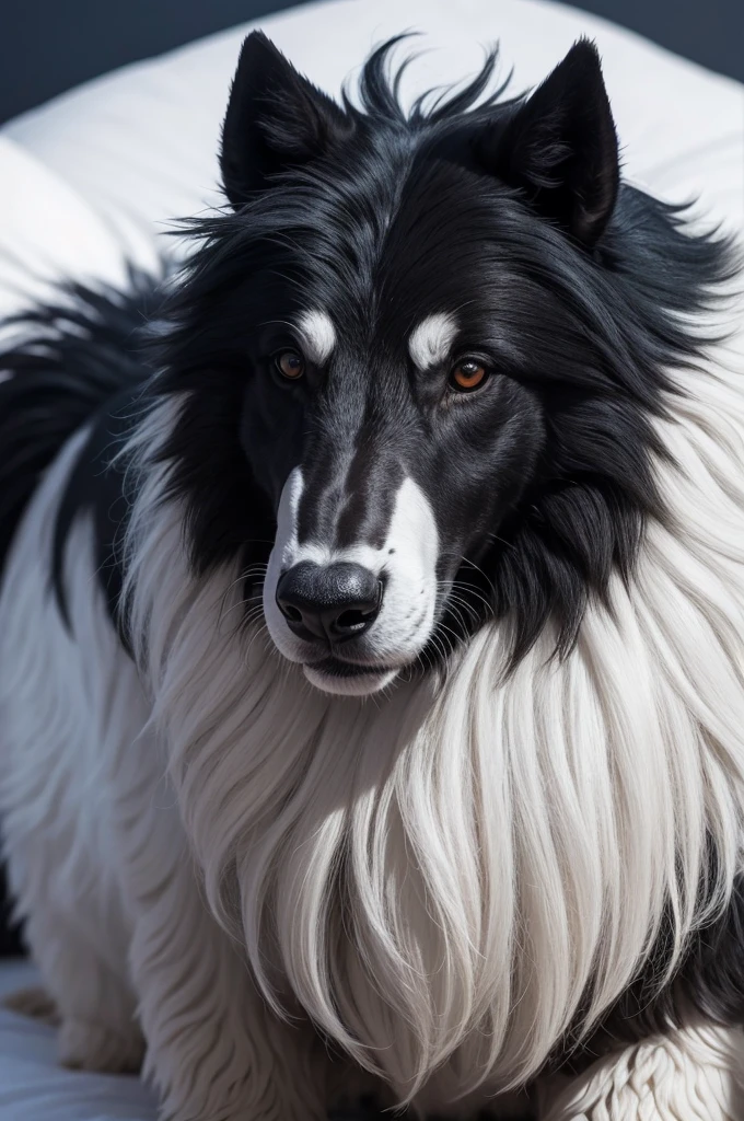 Um lobo preto com olhar assustador e um coelho branco em sua boca morto