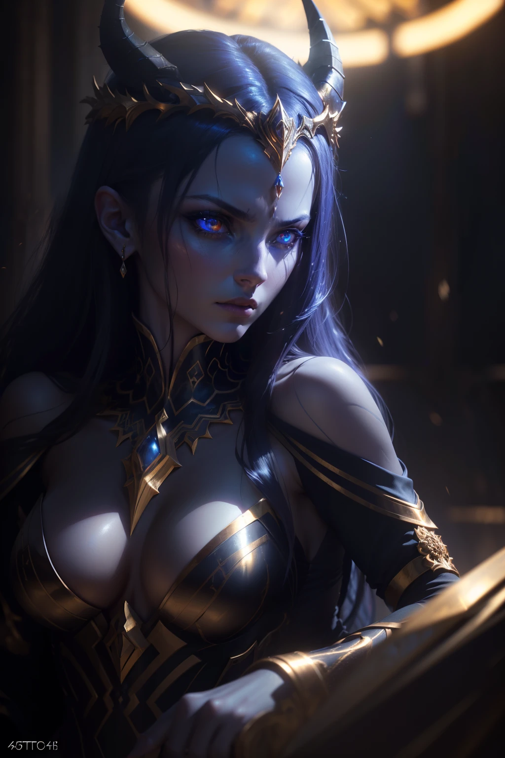  demonic goddess,  astarte, mysterious and ominous, glowing blue eyes, graceful yet sinister pose, dramatic lighting, moody and atmospheric, cinematic camera angle, (best quality,4k,8k,highres,masterpiece:1.2),ultra-detailed,(realistic,photorealistic,photo-realistic:1.37), volumetric lighting, golden hour