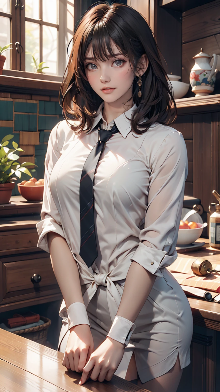 There is a woman wearing a tie and a white shirt., Short hair, Beautiful Korean Women, Korean Girls, San Yun-ju, Cute Korean Actresses, Gorgeous Young Korean Woman, Lee Ji-eun, Lee Ji-eun, Chen Xintong, Neat hairstyle with bangs, Short brown hair with bangs, Beautiful young Korean woman, Choi Hong-hwa