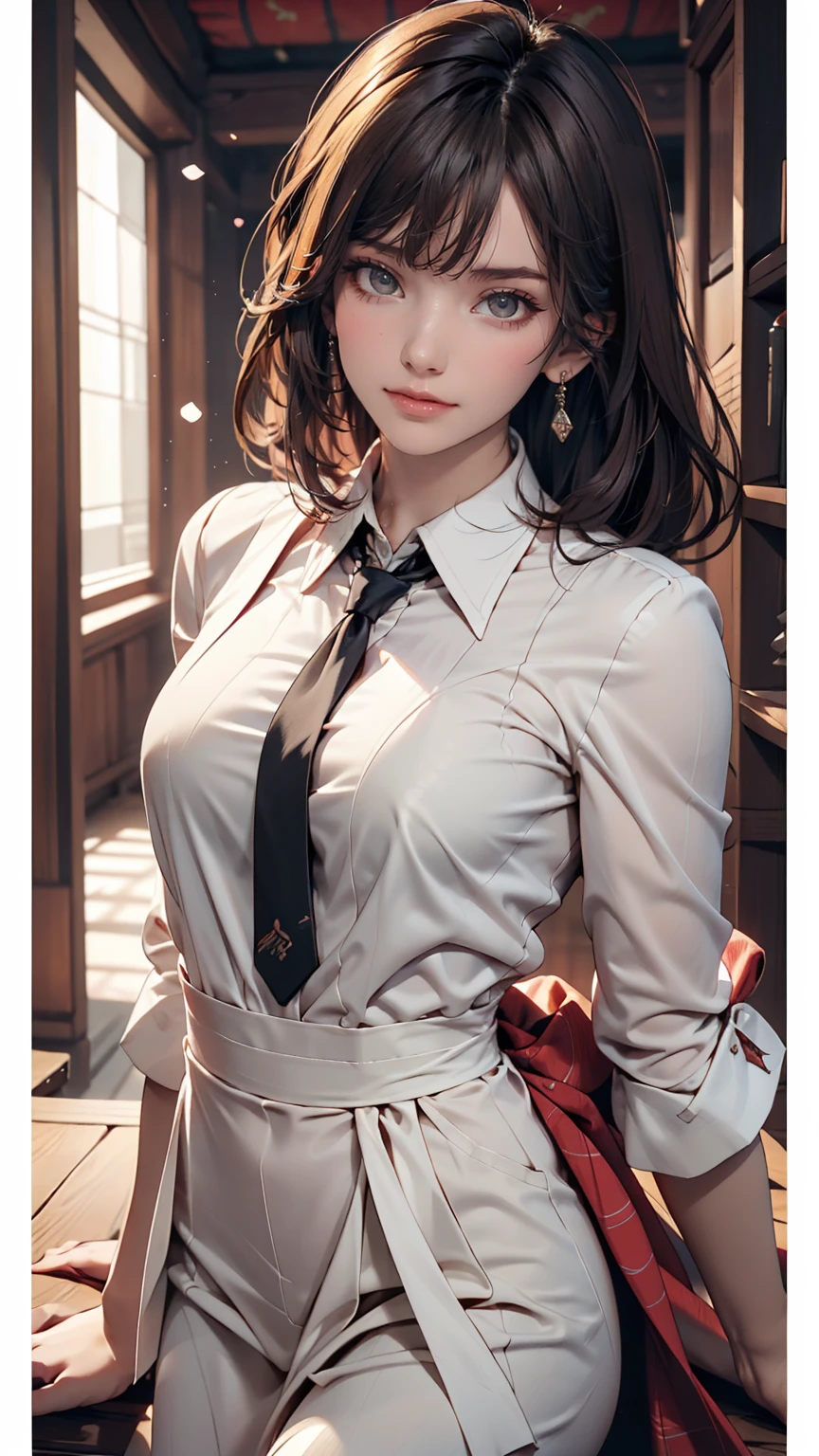 There is a woman wearing a tie and a white shirt., Short hair, Beautiful Korean Women, Korean Girls, San Yun-ju, Cute Korean Actresses, Gorgeous Young Korean Woman, Lee Ji-eun, Lee Ji-eun, Chen Xintong, Neat hairstyle with bangs, Short brown hair with bangs, Beautiful young Korean woman, Choi Hong-hwa