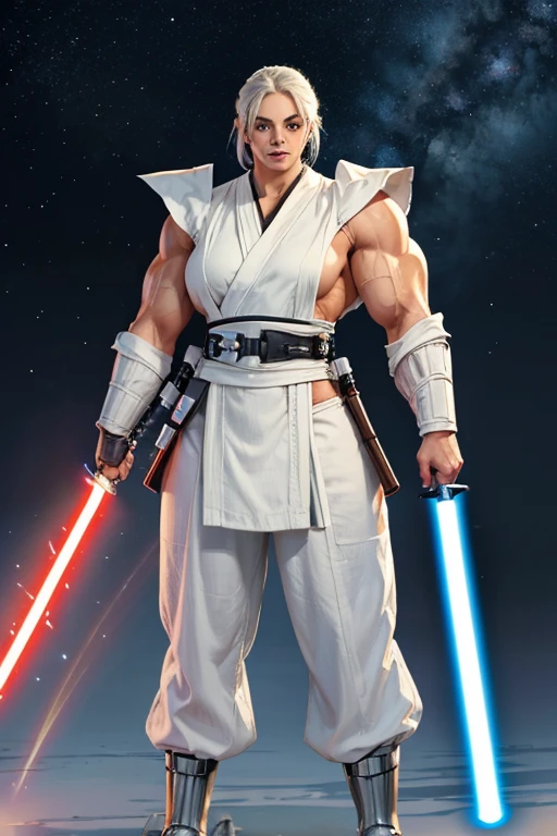 ((((Massive, tall, beautiful, buff, muscular light brown skinned female Jedi with white hair, black lipstick, ginormous bulky muscles, holding a lightsaber and wearing an all white Jedi outfit and Jedi pants)))), (close view), black eyeliner, massive muscles, massive biceps, hyper muscle triceps, (long straight hair), blue eyes, Jedi pants, Jedi boots, In space, Jedi outfit, nighttime, confident smile, (hyper muscles arms), hyper muscle legs, (ginormous arms)