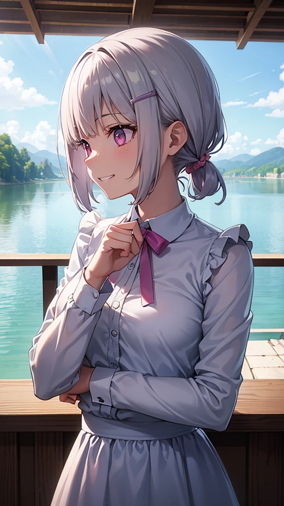 (Highest quality,masterpiece,Surreal), (Professional photography:1.2), 1 Girl、One person, Silver short hair and bob hair、Tie your hair up with a hair clip、Pink Eyes、Grin、profile、Upper body close-up、Cafe next to the lake