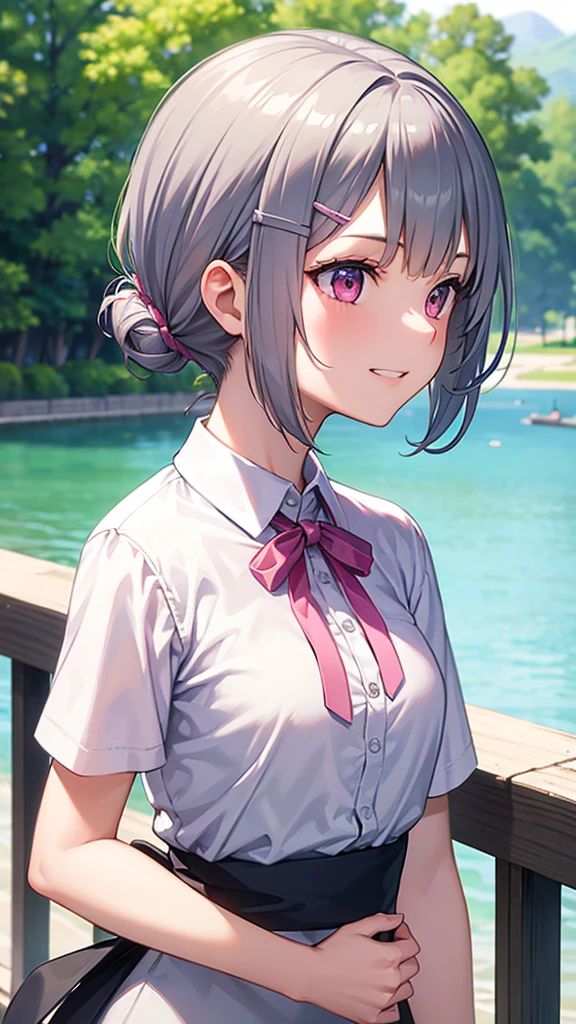 (Highest quality,masterpiece,Surreal), (Professional photography:1.2), 1 Girl、One person, Silver short hair and bob hair、Tie your hair up with a hair clip、Pink Eyes、Grin、profile、Upper body close-up、Cafe next to the lake