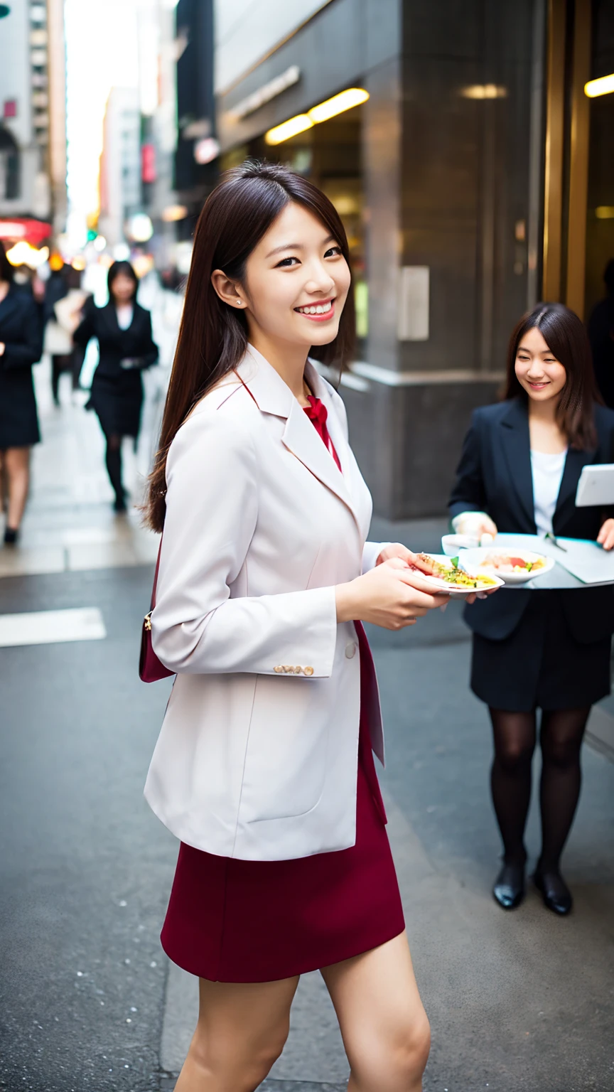 Office lady in Japanese bank clerk uniform、lunch、Walking around the city、smile