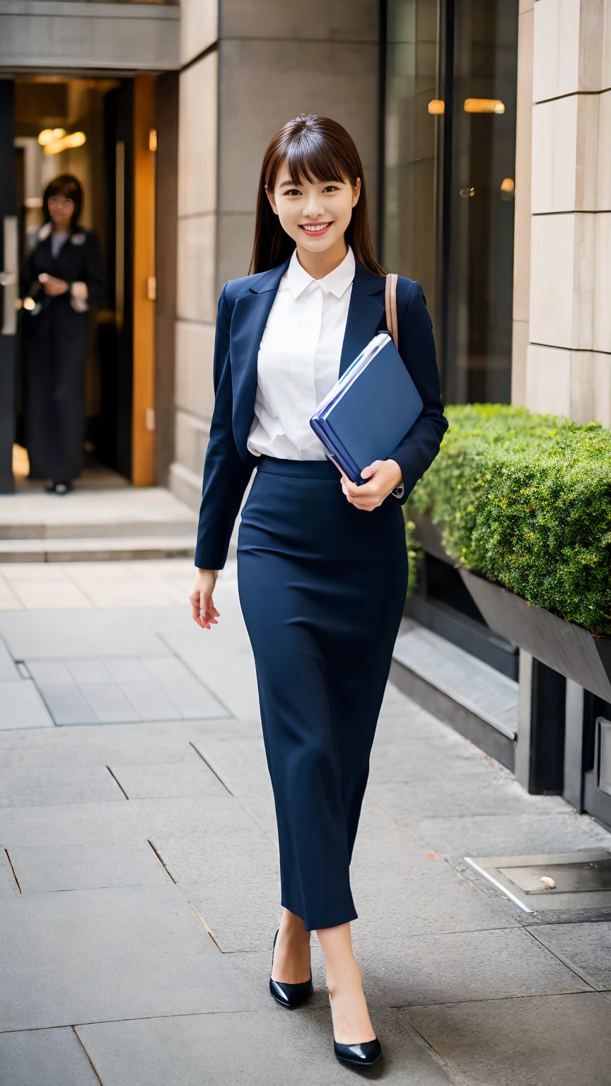 Office lady in Japanese bank clerk uniform、lunch、Walking around the city、smile