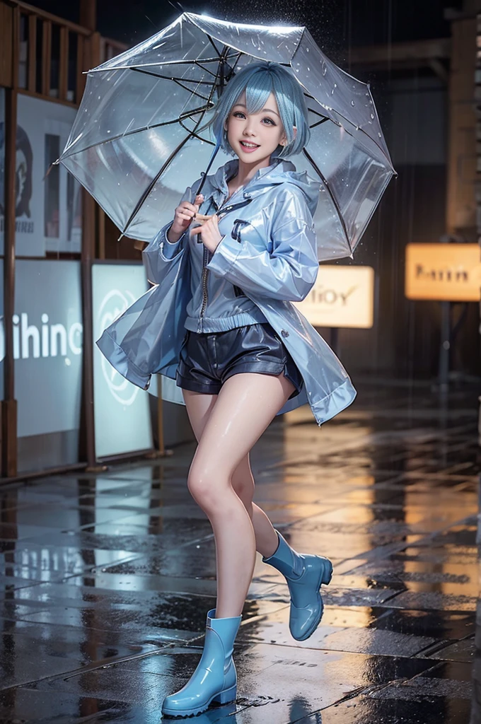 (a girl dancing in the rain with rain-boots and raincoat), 8K, of the highest quality, dancing, masterpiece:1.2), (smile:1.4), (joyful expression:1.2), (short pants:1.3), (Realistic, Photorealsitic:1.37), the highest quality, masterpiece, (wet street:0.4), wet, rain, ((pale blue hair)), Beautiful young woman, Pensive expression, charming, an inviting look, ((pixie hair)), dynamic posing, Cinematic background, Light skin tone,