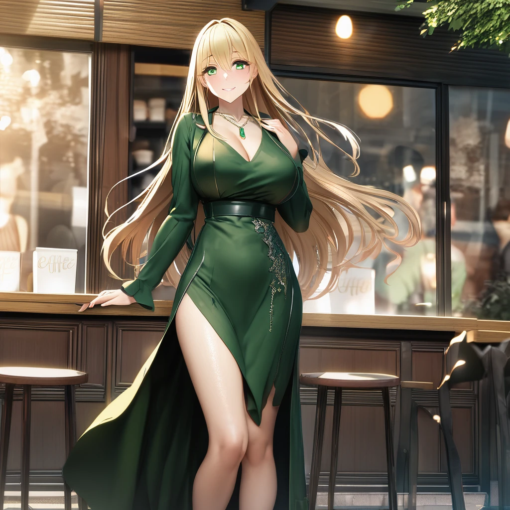 A woman wearing a sophisticated green dress, blonde hair, long hair, green eyes, smiling, standing outside a coffee shop, with tables and chairs around her, with a view of a forest, big breasts, green heels, an emerald necklace on her neck..UHD , work- prime, precise, anatomically correct, textured skin, super details, high quality, best quality, 8k, high resolution, bokeh effect. (woman alone)
