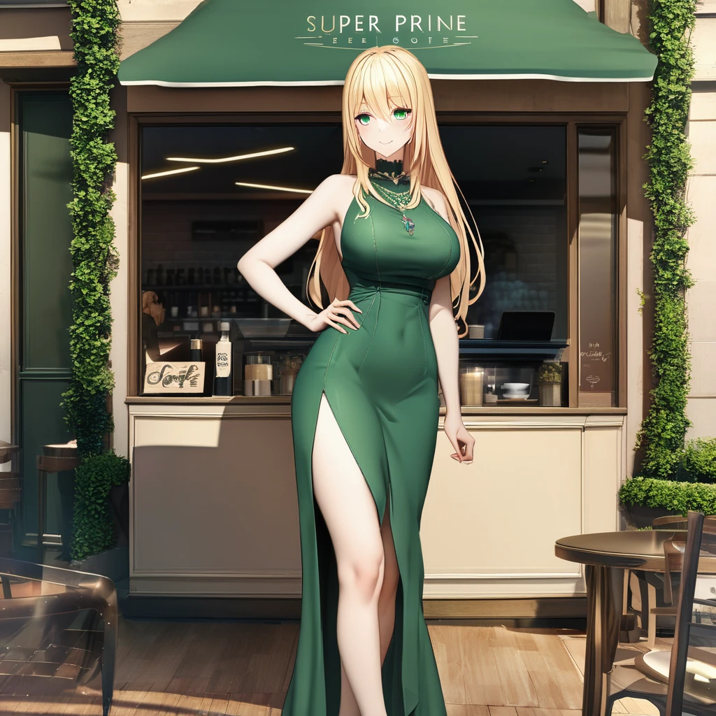 A woman wearing a sophisticated green dress, blonde hair, long hair, green eyes, smiling, standing outside a coffee shop, with tables and chairs around her, with a view of a forest, big breasts, green heels, an emerald necklace on her neck..UHD , work- prime, precise, anatomically correct, textured skin, super details, high quality, best quality, 8k, high resolution, bokeh effect. (woman alone)
