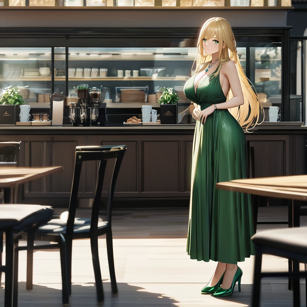 A woman wearing a sophisticated green dress, blonde hair, long hair, green eyes, smiling, standing outside a coffee shop, with tables and chairs around her, with a view of a forest, big breasts, green heels, an emerald necklace on her neck..UHD , work- prime, precise, anatomically correct, textured skin, super details, high quality, best quality, 8k, high resolution, bokeh effect. (woman alone)
