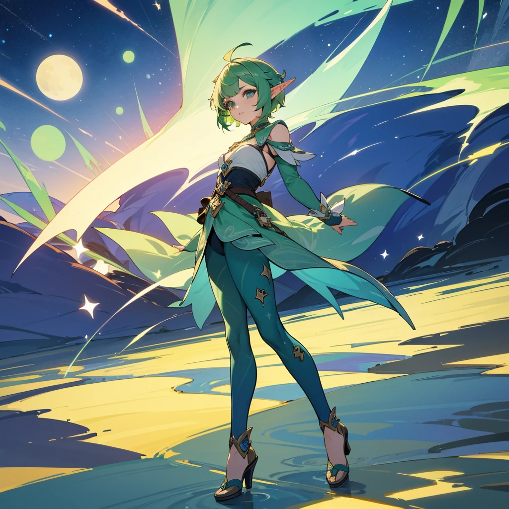 Pretty, beautiful, elf girl, elf, green hair, short hair, pretty hair, beautiful body, genshin impact design, fashion, fashion design, genshin impact, video game, full body, pretty face, starry clothes.