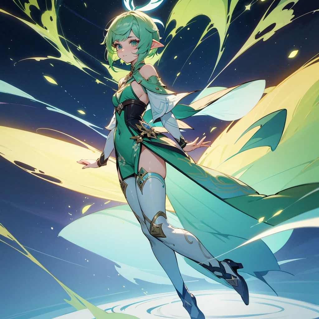 Pretty, beautiful, elf girl, elf, green hair, short hair, pretty hair, beautiful body, genshin impact design, fashion, fashion design, genshin impact, video game, full body, pretty face, starry clothes.