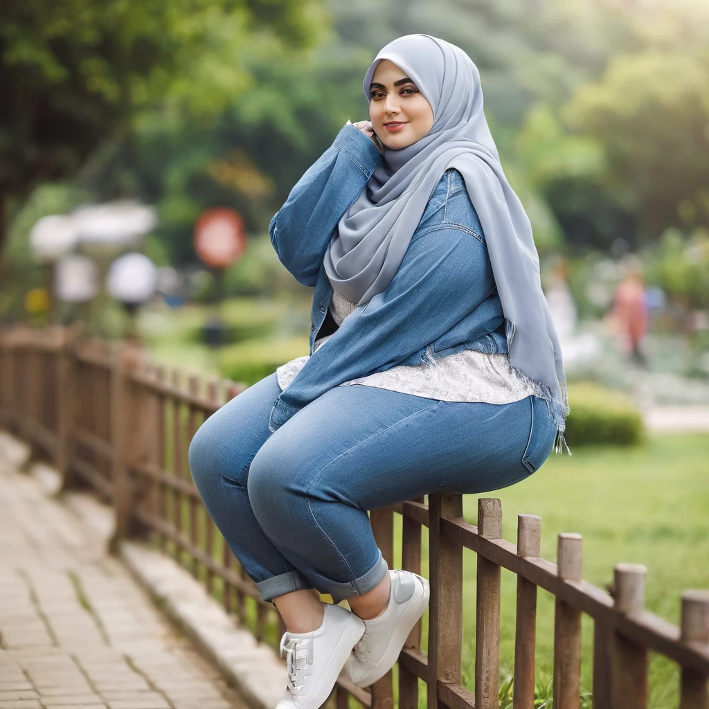 a big fat body woman sitting on a fence with a blue scarf and white shoes, hijab, casual pose, wearing casual clothes, casual photography, with lovely look, blue jeans and grey sneakers, wearing casual clothing, in garden, inspired by Naza, in a park, white hijab, inspired by Shaddy Safadi, wearing denim, beutiful, at a park, 1024px
