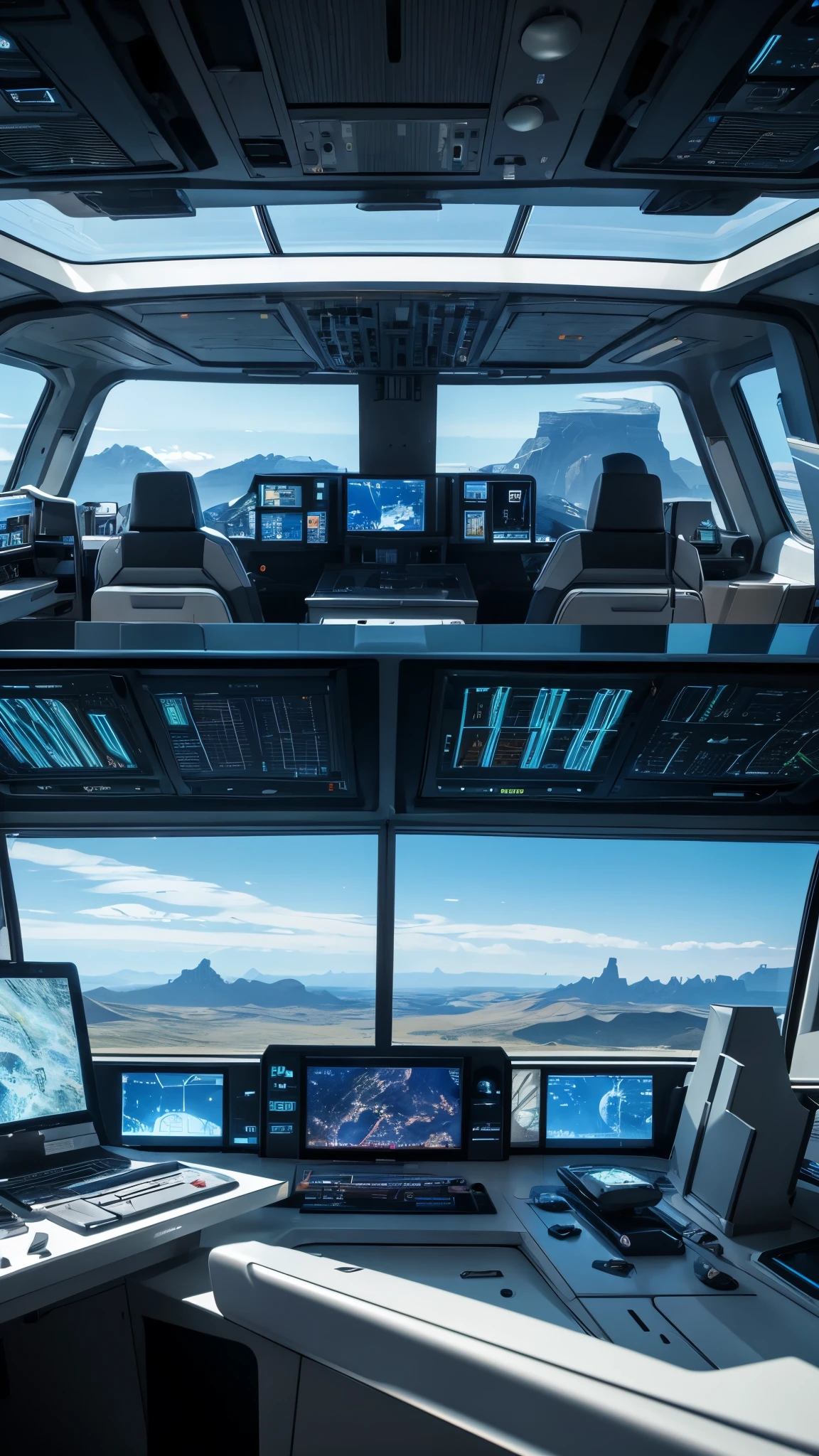 Spaceship exterior. From the window you can see the alien landscape, Work consoles with electronic devices and screens are lined throughout the space., Full HD