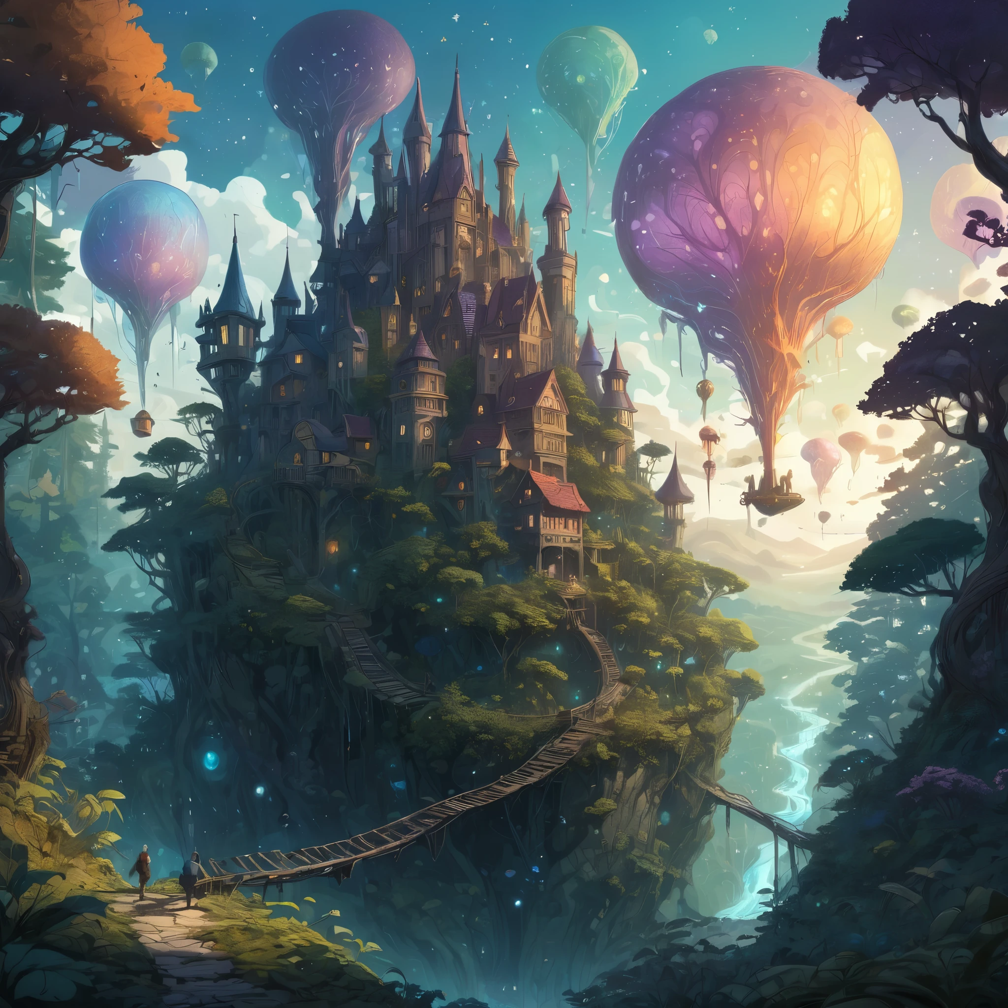 Create an incredibly imaginative and visually stunning scene that blends the distinctive styles of Adam Paquette and Posuka Demizu. Picture a fantastical landscape where a sprawling, bioluminescent forest meets an ancient, mystical city. Towering, otherworldly trees with glowing leaves and intricate root systems weave through the city, intertwining with beautifully ornate buildings adorned with delicate carvings and shimmering lights.
In the foreground, a group of diverse adventurers, each with unique and colorful attire, are on a quest, navigating through the vibrant forest and towards the city. Their expressions reflect awe and determination as they encounter magical creatures—like ethereal, translucent dragons and whimsical forest spirits—guiding them along the way.
The sky is an explosion of colors, with swirling nebulae and distant stars casting an enchanting light over the entire scene. The palette should be rich and varied, with deep blues, purples, and greens contrasted by bursts of warm, golden light. Use detailed, flowing lines to capture the intricate designs of the environment and the characters, blending the atmospheric depth of Adam Paquette's work with the playful and dynamic elements of Posuka Demizu's illustrations.
The entire image should evoke a sense of wonder, adventure, and the harmonious coexistence of nature and civilization in a magical, dreamlike world.