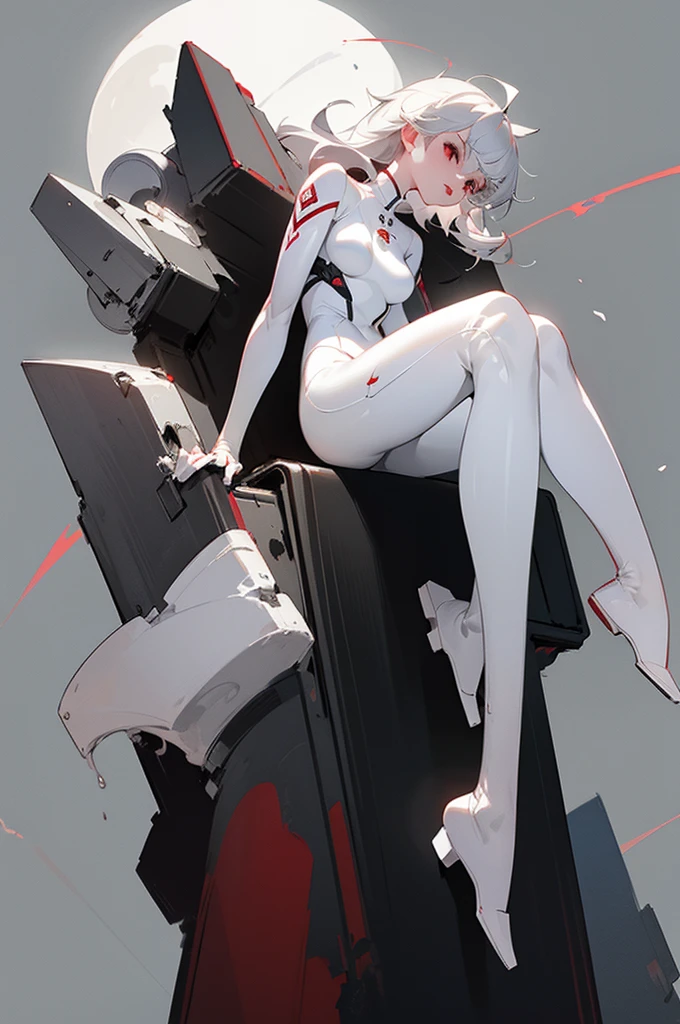 highest quality、masterpiece、1 girl、gray background、marble、gray hair:1.5、red eyes、red lips、white clothes、white bodysuit、、messy hair、Black and white world、Black and white world、pale skin、night time、full moon、
