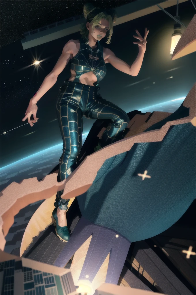 masterpiece, best quality, 1girl, solo, giant, giant, (((towering you)))), (full body), 1girl, jolynejojo, devouring a planet, digital art, masterpiece, green hair and blue, cropped, sleeveless, wearing pants, in outer space