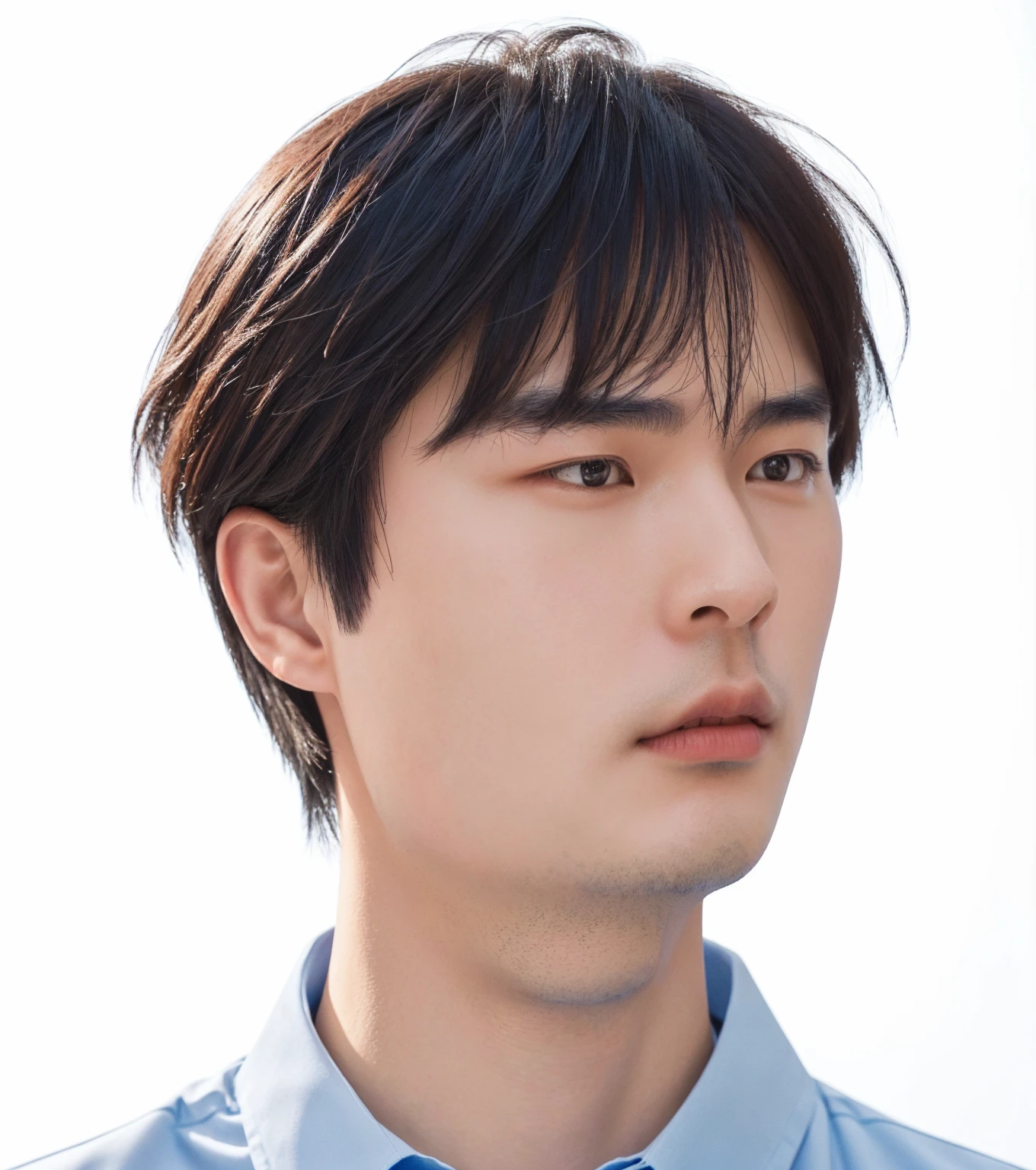 Chinese man in blue shirt and tie looking to the side, Side-centered portrait, Soft portrait shots 8 k, Profile portrait居中, Profile portrait, short hair