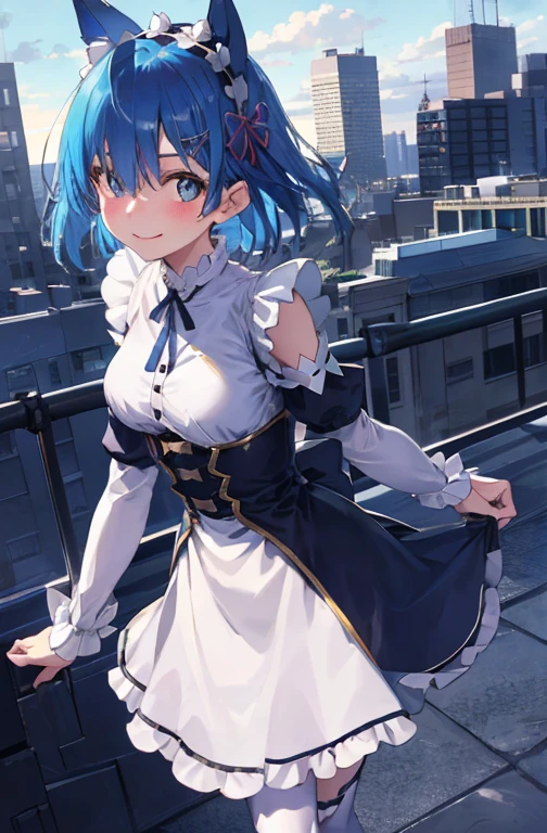 Blue Hair, Againm \(Again:zero\), [smile], blush, city,, masterpiece, Highest quality, Perfect lighting, One girl, skirt, medium bAgainasts,