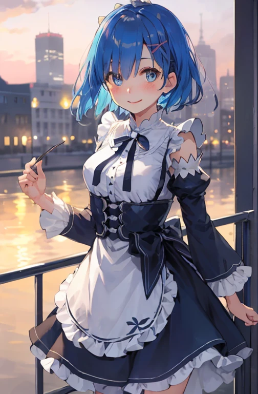 Blue Hair, Againm \(Again:zero\), [smile], blush, city,, masterpiece, Highest quality, Perfect lighting, One girl, skirt, medium bAgainasts,