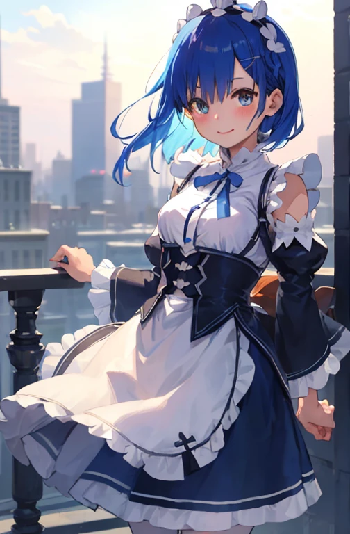 Blue Hair, Againm \(Again:zero\), [smile], blush, city,, masterpiece, Highest quality, Perfect lighting, One girl, skirt, medium bAgainasts,